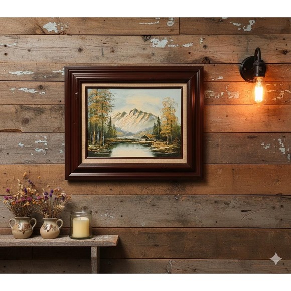 Vintage Reuben Signed Oil Painting Mountain Landscape Cabin Lake Framed Art